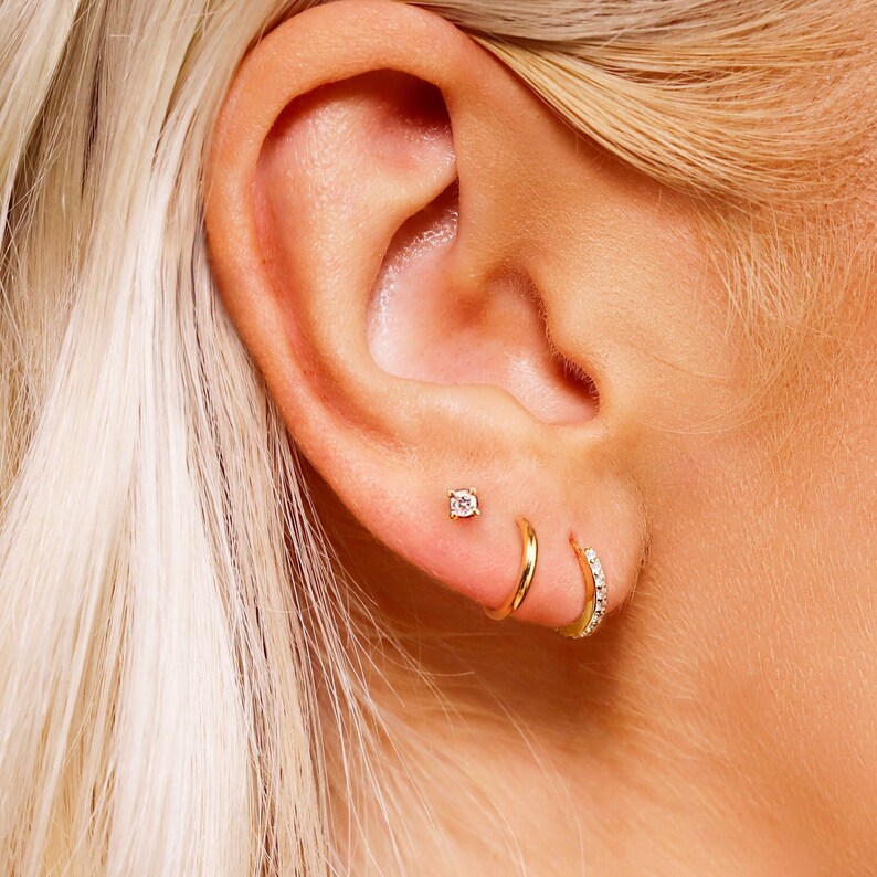 Créoles Huggie Lot de 3 boucles d'oreilles créoles en cartilage créoles créoles anneau pavé d'argent créoles tragus petites créoles hélicoïdales image 1