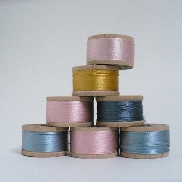 Lot of 7 Spools of Vintage Thread, Belding Corticelli Pure Silk Thread Size D Buttonhole Twist Wooden Spools, Some New Old Stock, Pink, Blue