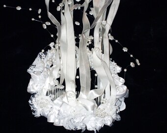 Vintage White Beaded Silk Bridal Hair comb, Wedding Headpiece From the 60s