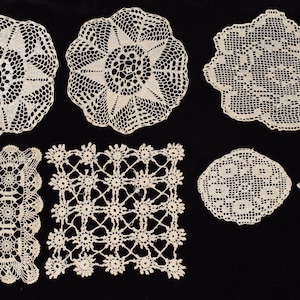 Seven Hand Made Small Beige Crochet Lace Tablecloth from the 60-70s