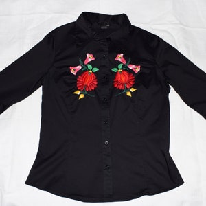 Hungarian Black Kalocsa Embroidered Blouse – Floral Folk Top, Size EU 40 / UK 12