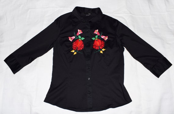 Hungarian Hand Embroidered Black Kalocsa Floral W… - image 1