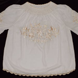 Hungarian Kalocsa Floral Embroidered Beige Boho Folk Blouse