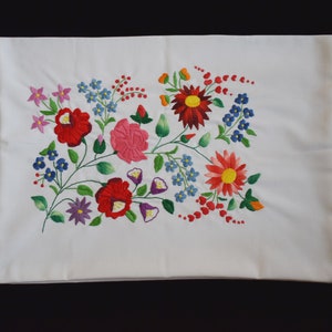 New Hand Embroidered Hungarian Kalocsa Floral Pillowcase, White Batiste