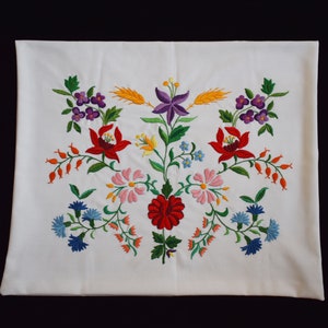 New Hand Embroidered Hungarian Kalocsa Floral Pillowcase, White Batiste