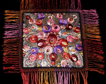 Traditional Vintage Hungarian Silk Matyo Floral Embroidered Square Tablecloth from the 40s