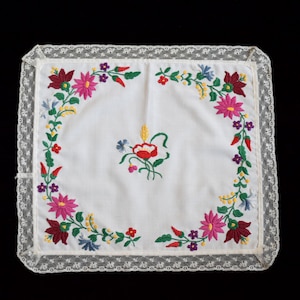 Small Hungarian Kalocsa Floral Embroidered Square Tablecloth, Vintage Folk Linen