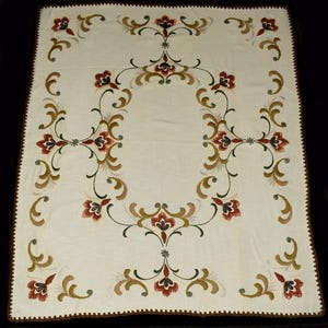 Vintage 1970s Hand Embroidered Wool Tablecloth or Blanket, Floral Design, 64”x53
