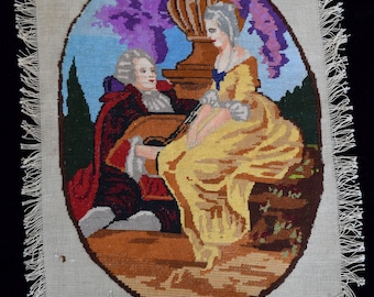 Beautiful Antique Hand Made Oval Petit Point Gobelin Tapestry Picture