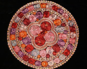 Traditional Vintage Hungarian Silk Matyo Floral Embroidered Round Tablecloth from the 50s