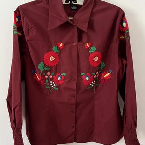 Hungarian Matyo Floral Hand Embroidered Claret Red Boho Folk Blouse UK 16
