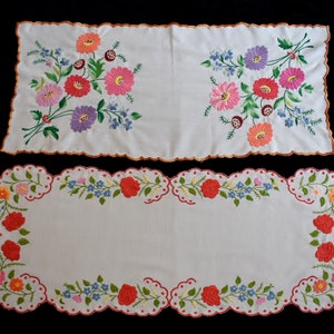 Two Hand Made Hungarian Kalocsa Floral Embroidered Runner Tablecloth