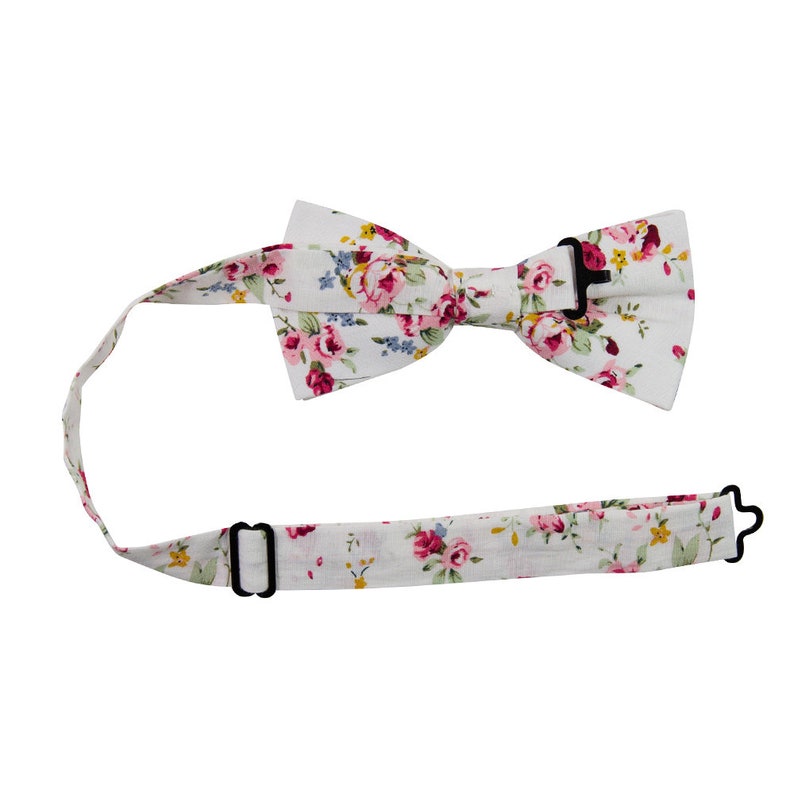 White Floral Pre-Tied Bow Tie Adult & Kid Size Ready To Wear, Roses Wedding Bow ties for Boys or Men, Unique Groomsmen Gifts image 2