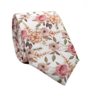 White Floral Cotton Skinny Ties, Blush Floral Ties for Men, Boho Wedding Outfit Accessories -Pink Floral Tie, Men&#39;s Ties for Wedding