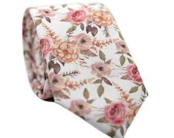 White Floral Cotton Skinny Ties, Blush Floral Ties for Men, Boho Wedding Outfit Accessories -Pink Floral Tie, Men's Ties for Wedding