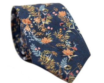 Blue Floral Skinny Tie, Skinny Men's Ties, Cotton Skinny Tie, Men's Floral Skinny Tie