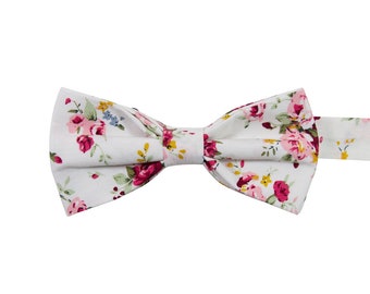 White Floral Pre-Tied Bow Tie - Adult & Kid Size Ready To Wear, Roses Wedding Bow ties for Boys or Men, Unique Groomsmen Gifts