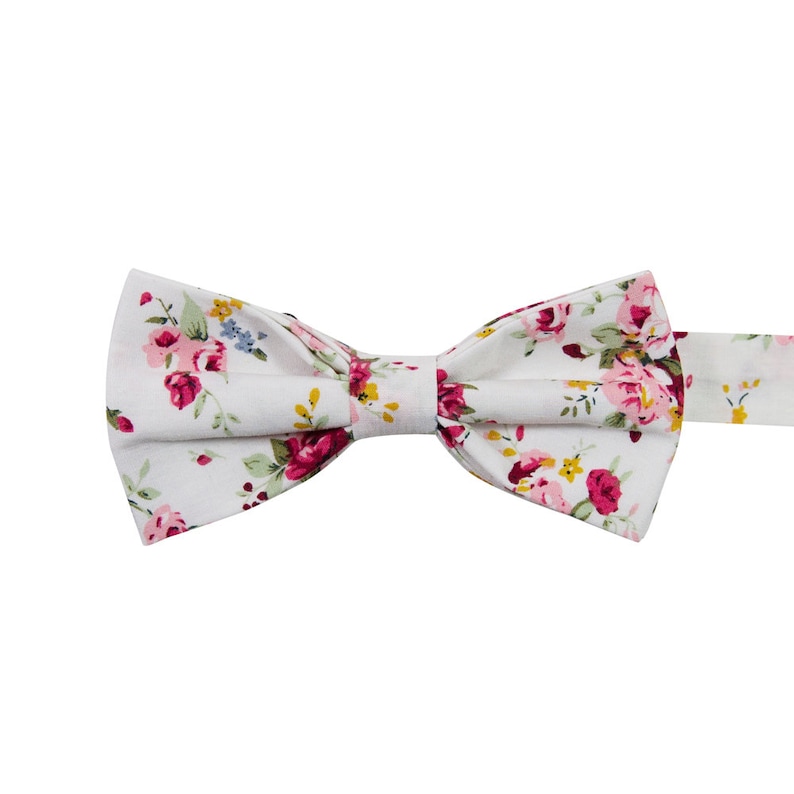 White Floral Pre-Tied Bow Tie Adult & Kid Size Ready To Wear, Roses Wedding Bow ties for Boys or Men, Unique Groomsmen Gifts image 1