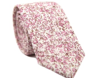 White and Pink Floral Tie for Wedding, Luxury Cotton Necktie, Floral Skinny Tie Mens Wedding Accessories, Light Pink Floral Slim Tie for Him