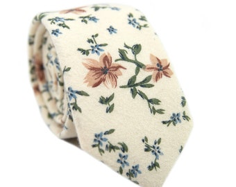 Cream White Floral Necktie, Floral Skinny Tie, Modern White Tie with Flowers, Garden Wedding Mens Floral Ties, Luxury Cotton Neck Tie