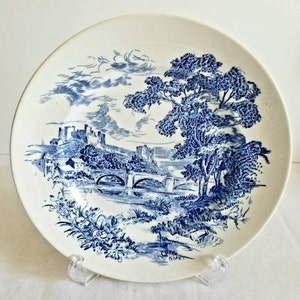 Enoch Wedgwood Tunstall  Countryside Scene Pattern 10&quot; Dinner Plates Hand Engraved Blue White Set of 5