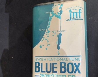 Vintage 20th Century English JNF painted Blue and White Charity (Tzedakah) Tin Box from 1990s Israel Map, highly collectible Coin bank