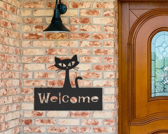 MCM Cat Metal Sign Atomic Welcome Wall Hanging Mid Century Indoor Outdoor Steel Retro Home Decor