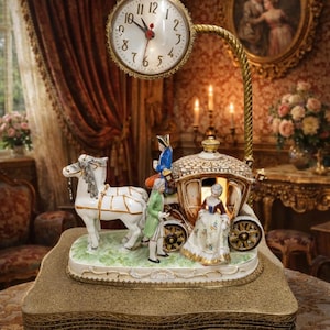 Antique Porcelain Courting Couple Clock Lamp – Horse & Carriage Figurine – Brass Base – Working Sessions Clock – 1930s Patent