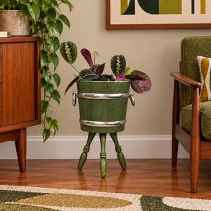 May include: A green wooden plant stand shaped like a bucket with silver-toned metal bands and two side handles. The stand features three tapered legs and holds a potted plant with dark green and purple patterned leaves in a central position.