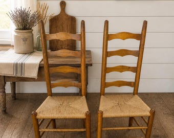 Vintage Beechwood 43 1/2" Ladder Back Chairs, Rush Seat, Farmhouse Dining Chair, Colonial Primitive Wood Chair, Rustic Accent Seating