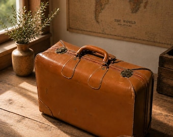 Vintage Cowhide Leather Suitcase | Antique Travel Luggage | Mid Century Leather Briefcase | Rustic Travel Decor | Old World Carry Case
