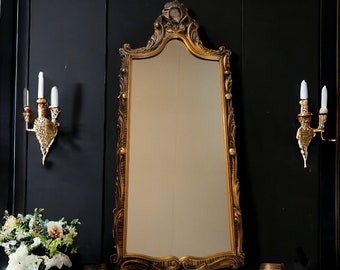 MCM Mirror Vintage Gold Faux Carved Wood Mirror Hollywood Regency Mid Century Wall Hanging Italian Florentine