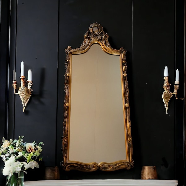 MCM Mirror Vintage Gold Faux Carved Wood Mirror Hollywood Regency Mid Century Wall Hanging Italian Florentine
