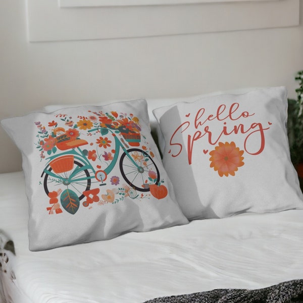 Spring Pillow Bicycle and Hello Spring Flowers Double Sided Pillow Water Mildew Resistant Patio Pillow Indoor Outdoor Accent Throw Pillow