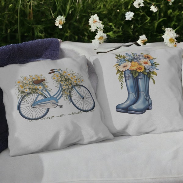 Spring Pillow Bicycle and Daisies Rubber Rain Boots Double Sided Pillow Water Mildew Resistant Patio Pillow Indoor Outdoor Accent Throw