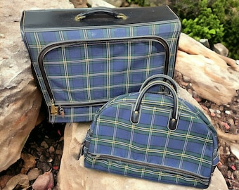 Vintage Plaid Luggage Set Carry On Bag Suitcase Blue Green Soft Side Vinyl Luggage Retro Travel Storage Bag