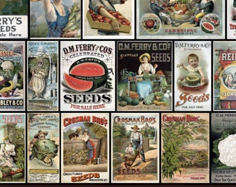 May include: A collage of vintage seed packets featuring colorful illustrations of various fruits, vegetables, and flowers. The packets advertise different seed companies, including Ferry's Seeds, Hiram Sibley & Co., and Crosman Bros. Seeds. The text on the packets includes the company names, product names, and prices.