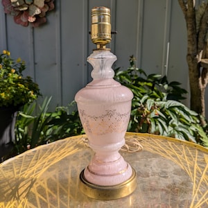 Vintage Pink Gold Glass Brass Lamp Marbled Opaline Art Glass Boudoir Mid Century Accent MCM Country Cottage Farmhouse Shabby Chic Nursery