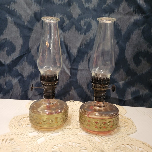 Vintage Oil Lamp with Pierced Metal Band Clear Glass Small Mini Hurricane Lamp includes Chimney