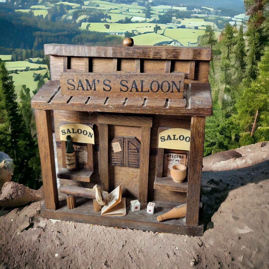 Vintage Wooden Diorama Shadow Box Miniatures Old West Sam's Saloon Bar ...