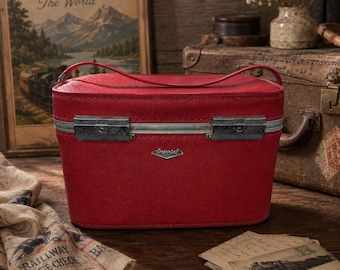 Vintage Imperial Red Vinyl Train Case Retro Mid Century Carry On Luggage Vanity Travel Case Overnight Bag Makeup Mirror