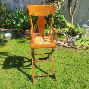 Vintage Child&#39;s Wooden High Chair Convertible Stroller Wood Antique Kid&#39;s Toddler Victorian Farmhouse Rustic Primitive Furniture Plant Stand