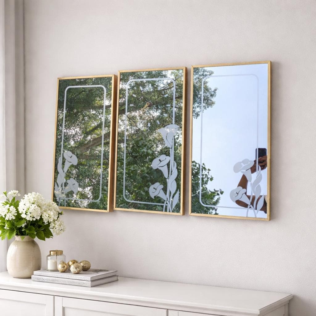 Vintage Wall Mirror Clock Set Post Modern Gold Trim Black Lily