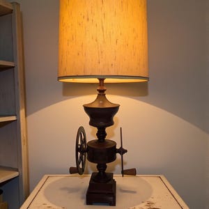 Vintage Coffee Grinder Lamp Base with Eagle – Rustic Primitive Red Metal Statement Lamp  – 35” Tall – Farmhouse Cabin Decor