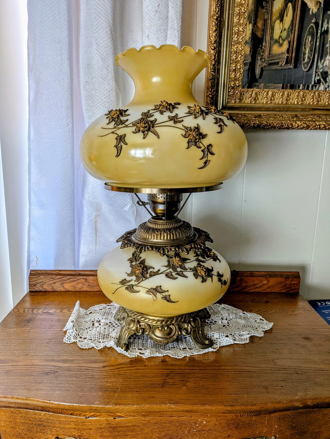 XLG Vintage Hurricane Lamp Raised Gold Bronze Relief Leaves