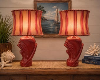 Vintage Art Deco Revival Red Ceramic Table Lamp | 1980s Sculptural Shell Accent Light | Hollywood Regency Glam MCM Statement Decor