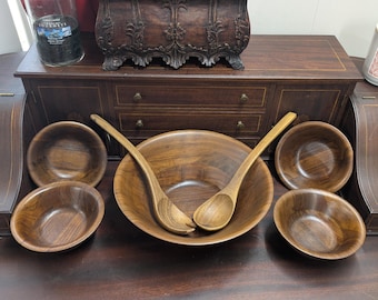 Vintage Burl Walnut Salad Bowl Set, MCM Bohemian Wood Serving Bowls, Utensils