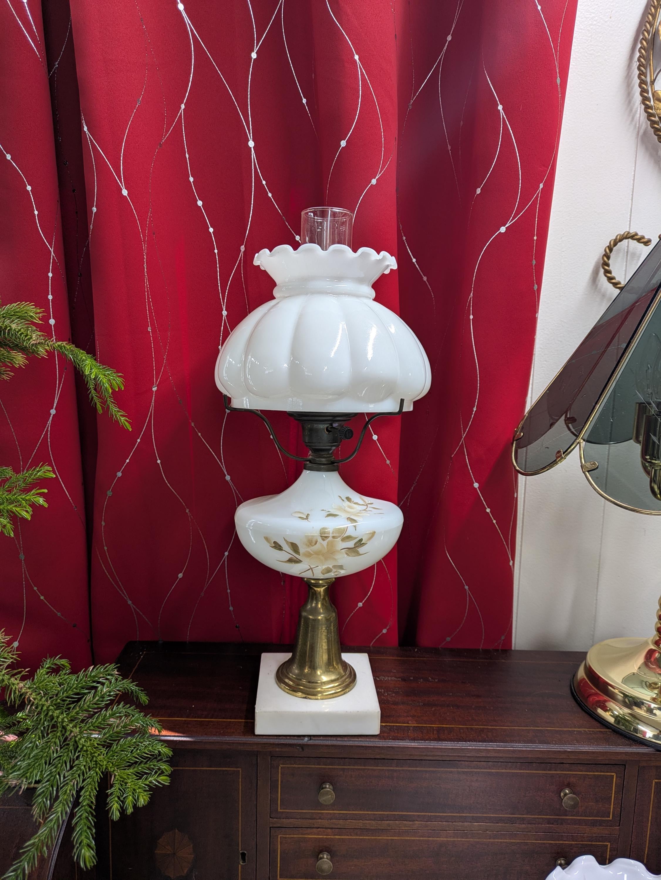 Vintage Hurricane Student Lamp Antique Victorian Milk Glass Brass