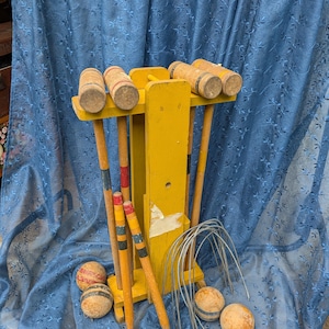 Vintage Croquet Game Set Wooden Stand Balls Mallets Wickets Complete Outdoor Lawn family recreation