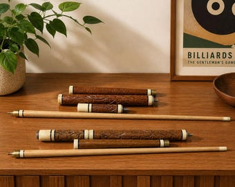 Vintage Carved Wood Pool Cue Pair Four Piece Billiard Ball Cues Brass Fittings Game Room Decor Man Cave